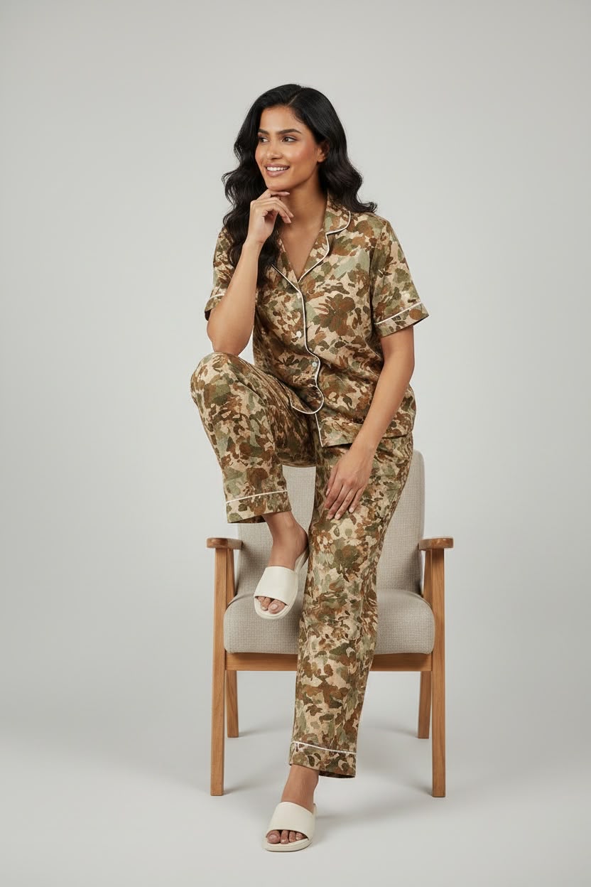 Women's Printed Button Down Pajama Set - Floral